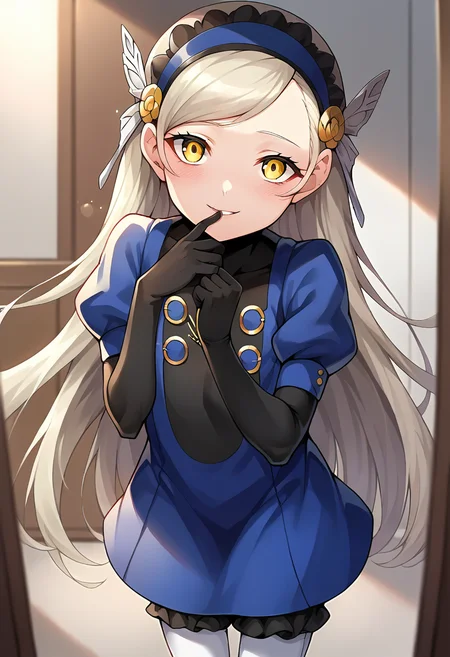 score_9, score_8_up, score_7_up, source_anime, masterpiece, 1girl, ct_l4v3nza, platinum blonde hair, yellow eyes, blue short dress, puffy short sleeves, black elbow gloves, white pantyhose, black bloomers, shiny skin, smile, blush, looking at viewer, indoors, depth of field, leaning forward, hand on chin,<lora:Lavenza_p5_ct:0.9>