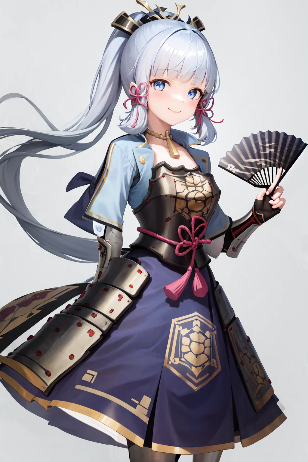 masterpiece, highres, best quality, 1girl solo, kamisato_ayaka, smile <lora:kamisato_ayaka:1.2>
arm guards, armored dress, breastplate, japanese armor, hand fan, fingerless gloves
