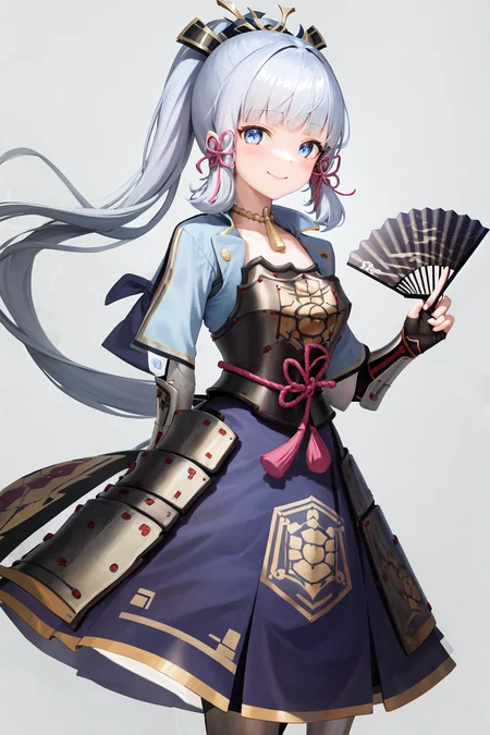 masterpiece, highres, best quality, 1girl solo, kamisato_ayaka, smile <lora:kamisato_ayaka:1.2>
arm guards, armored dress, breastplate, japanese armor, hand fan, fingerless gloves