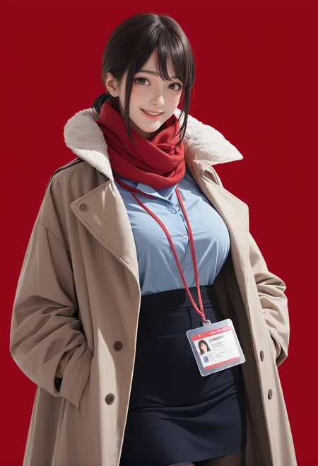 1girl,solo,red background,,ruanyi0904,black skirt,blue shirt,coat,red scarf,red lanyard,ID card,black pantyhose,<lora:0904 Douki Chan clothing_v1_pony:1>, score_9, score_8_up, score_7_up, score_6_up, score_9, score_8_up, score_7_up, score_6_up source_anime, blush, 1girl, seduce smile, perfect body , natural huge breasts