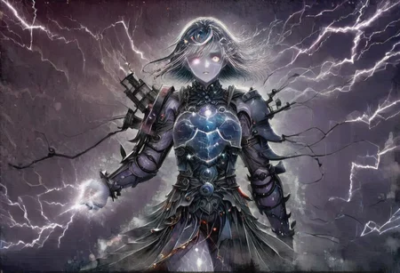 (Masterpiece:1.3), (best quality:1.2), (detailed background:1.1), (intricate details:1.1), (detailed background:1.2), 1girl, solo focus, standing, perfect anatomy, 
bleakfaith,
source_anime, night sky, dark cloud background, sky background, lightning on background, only purple lightning, purple lightning,
BREAK
watercolor, chinese,traditional,
BREAK
(purple hair:1.2),(pale skin:1.3), (purple skin:1.5),1girl,solo, mysterious, vivid color, shiny, (short purple hair), bob cut hair, purple eyes,glowing purple pupils, human ears, sparks from one eye,
laugh arrogantly,
BREAK
Clothes(dark suit,armor, animal chest plate), lightning, dark purple thunder, chinese style, 
spraks in hand,
BREAK
looking at the viewer, front view, full view,
best quality, ultra-detailed, absurdres, detail face, best quality, hires textures, high detail, (4k),incredibly detailed
NegativeDynamics,