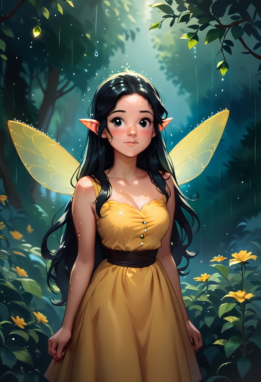 score_9, score_8_up, score_7_up, score_6_up, score_5_up, score_4_up masterpiece, high quality, a girl hiding from the rain in a magical forest, cute, black long hair, yellow dress,Fairy Wings , j_huiben, source_cartoon