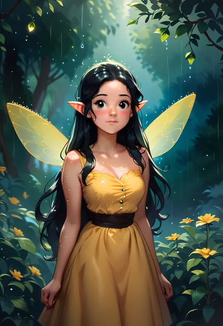 score_9, score_8_up, score_7_up, score_6_up, score_5_up, score_4_up masterpiece, high quality, a girl hiding from the rain in a magical forest, cute, black long hair, yellow dress,Fairy Wings , j_huiben, source_cartoon