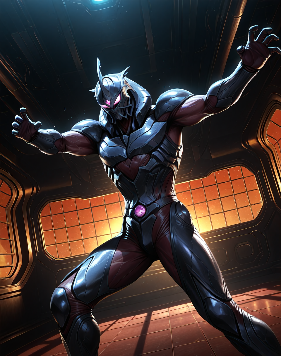 perfect depth of field shot, masterpiece, beautiful, sharp focus, crisp details,
<lora:Dark_Hero_(Guyver)_(Illustrious)_(AD):1> Dark_Hero, Guyver, bioboosted armor, 
((exterior, science fiction, high science fiction, action anime style background, dark spaceship interior, photographic realism, 8K CGI render, 
dynamic action, dynamic perspective, dutch angle, bent knee, cowboy shot,
male focus, gradient style anime coloring, strong, fighting scene, solo, ):1.5), 
EZRealPONYXL, zPDXL, Smooth Quality, lazynsfw,