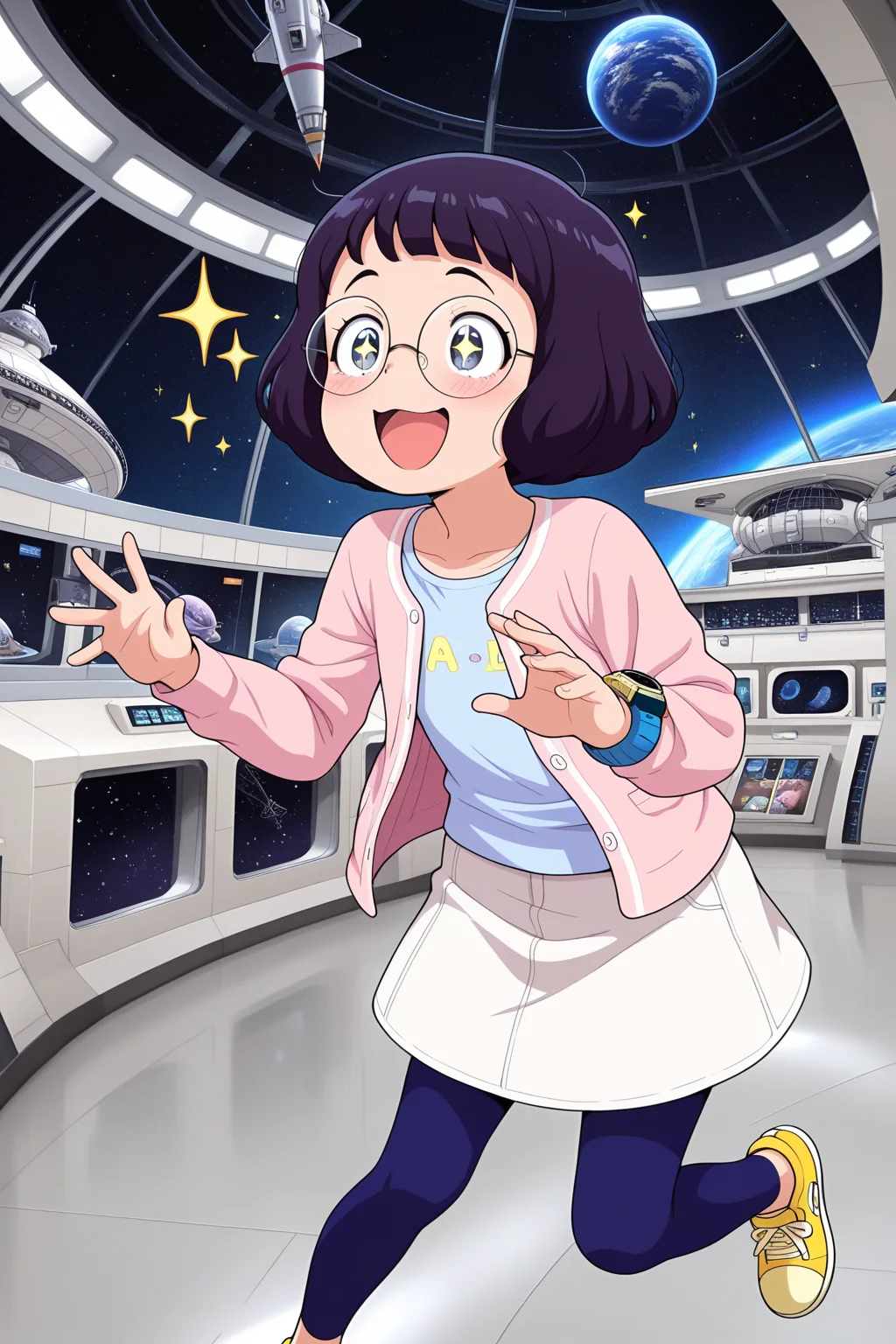masterpiece, best quality, amazing quality, absurdres, misorainaho, short hair, glasses, round eyewear, solo, smile, open mouth, excited, sparkling eyes, sparkle, light blue shirt, pink cardigan, wristwatch, white skirt, blue leggings, yellow sneakers, indoors, planetarium, spacesuit, museum, rocket ship