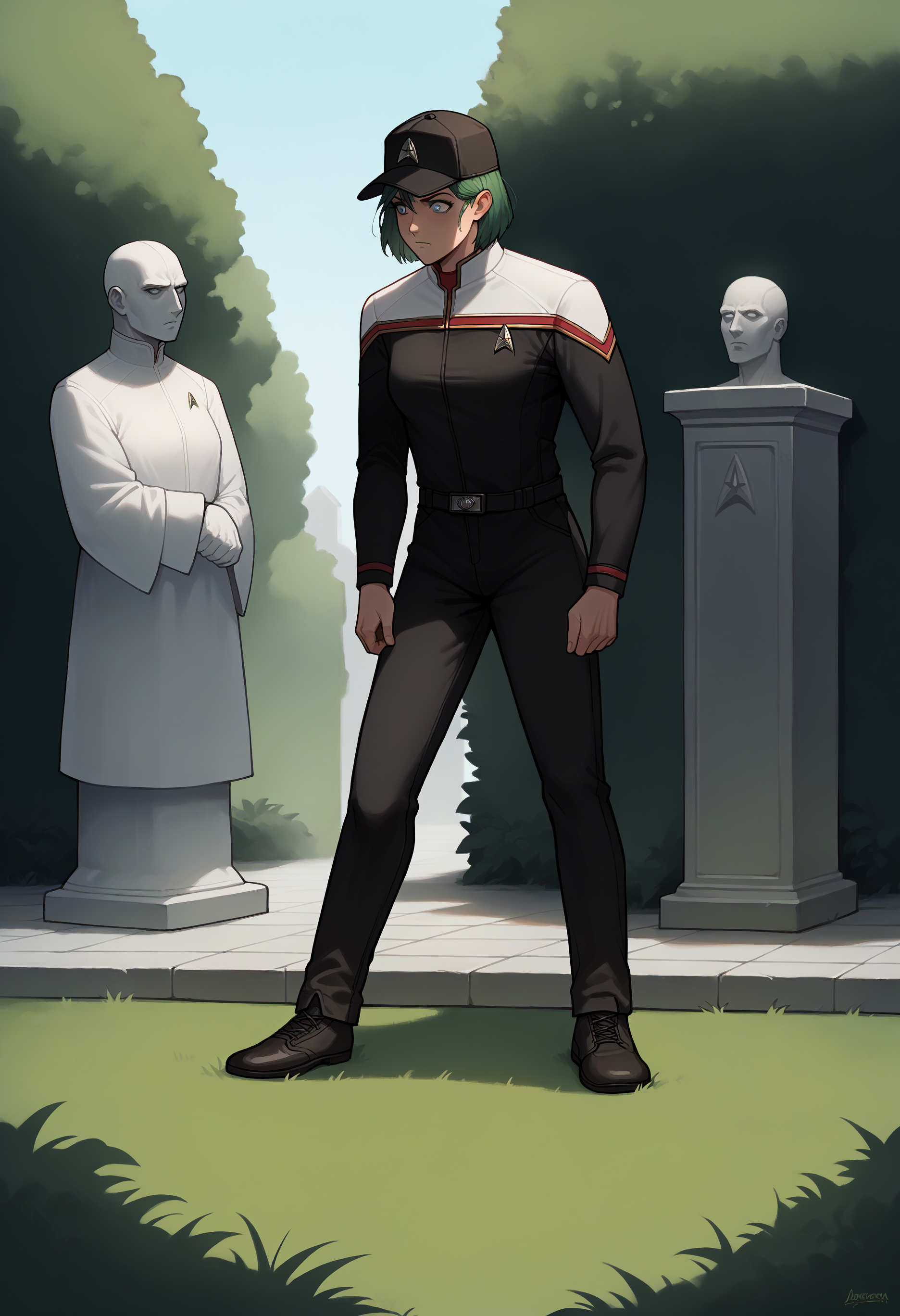 score_9, score_8_up, score_7_up, score_6_up, score_5_up,1girl,solo,in a hedge maze,maze,hedges,grass,bushes,statue,afraid,crumbling,deserted,green hair,blue eyes,baseball cap,
toddunf,star trek uniform,black jumpsuit,white shoulders
,<lora:STOdysPony>