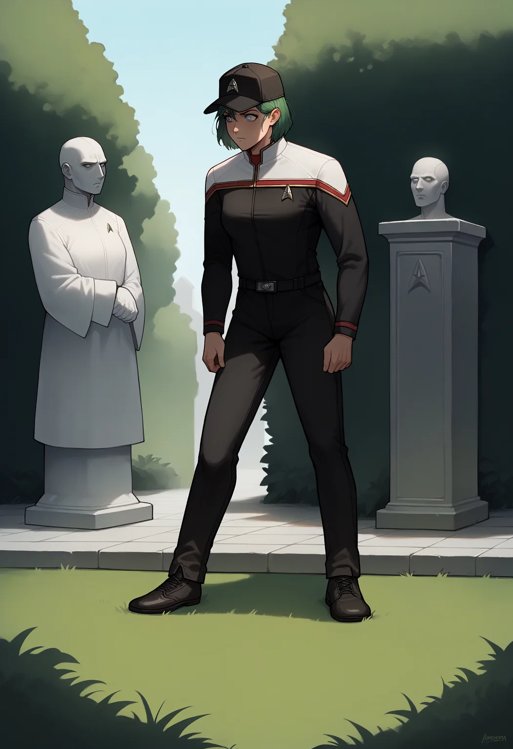 score_9, score_8_up, score_7_up, score_6_up, score_5_up,1girl,solo,in a hedge maze,maze,hedges,grass,bushes,statue,afraid,crumbling,deserted,green hair,blue eyes,baseball cap,
toddunf,star trek uniform,black jumpsuit,white shoulders
,<lora:STOdysPony>