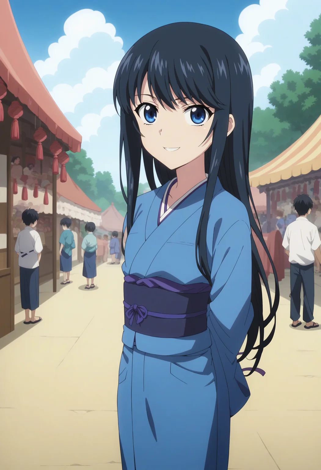 score_9, score_8_up, score_7_up, score_6_up, score_5_up, score_4_up , anime coloring ,BREAK source_anime, anime,screencap,
1girl, solo, natsukim, kimono, blue kimono, <lora:PonyXL STB Natsuki V1:1>
outdoors, crowd, night time, festival, food stalls,
smile, looking at viewer, arms behind back,