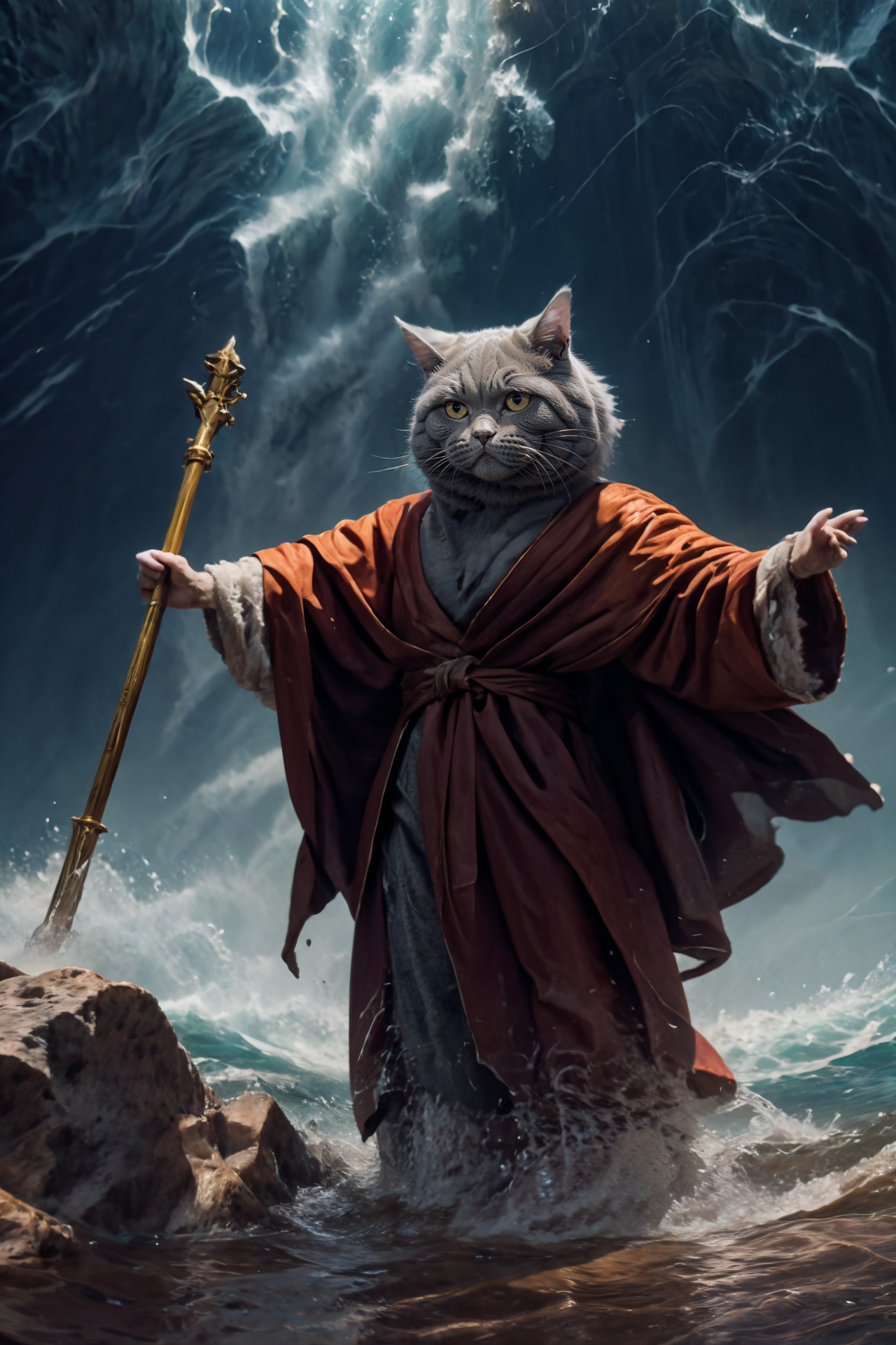 highres, 8k, absurdres, realistic, (1cat:1.3), non_human, animal, (Chartreux:1.4) , standing, red cape, <lora:Chartreux_38-000002:0.4> , (no_human), <lora:c4ttitudeflexver:0.45>
