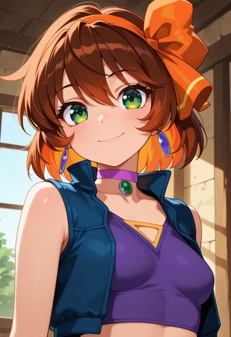 masterpiece, best quality, amazing quality, absurdres, 1girl, solo, (portrait:1.2), merrillww, green eyes, brown hair, short hair, orange hair ribbon, orange hairband, earrings, small breasts, jewelry, purple choker, crop top, blue sleeveless vest, purple shirt, looking at viewer, smile, indoors, day, skindentation, detailed clothing folds, depth of field, sharp, high contrast, dynamic light <lora:Merrill_Mahou_Senshi_Louie_ill:0.9>