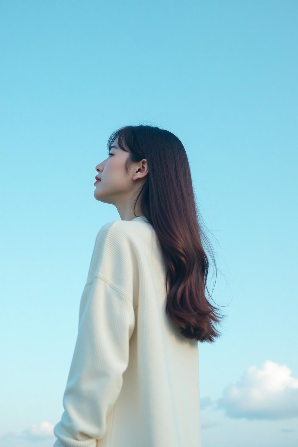 An extra long shot landscape photo showing the profile of a young Asian woman standing in front of blue sky. The woman has long hair, wears white sweater dress. The overall image shows a minimalistic and dreamini style. <lora:Herbst_Photo_35mm v2:0.8><lora:790617678915298636:0>