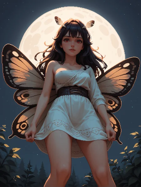 (score_9, score_8_up, score_7_up:1.1), score_6_up, score_5_up, score_4_up, source_cartoon, (semi-realistic, volumetric lighting, pixel_art:1.1), (cute moth girl:1.1), 1girl, solo, flying, night sky, moon, pulling own clothes, one breast out, (from below:0.8), (close up:0.9)