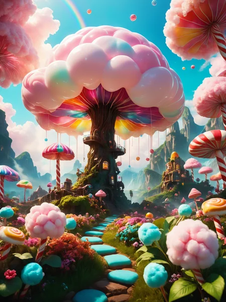 cinematic photo biomechanical style land art style hyperrealistic (A landscape with a pink atmosphere that scatters the light in different hues, creating a colorful and whimsical environment. The flora is fantastical and whimsical, such as cotton candy clouds, rainbow flowers, and candy cane trees. The geology is mostly soft and sweet, with marshmallows, chocolate, and jelly. The mood is playful and fun.), <lora:SDXLFaeTastic2400:0.8> , <lora:RMSDXL_Creative:0.8> . photorealistic, extreme detail, lifelike, crisp, precise,blurry . natural materials, outdoor, environmental, detailed . blend of organic and mechanical elements, futuristic, cybernetic, detailed, intricate . 35mm photograph, film, bokeh, professional, 4k, highly detailed