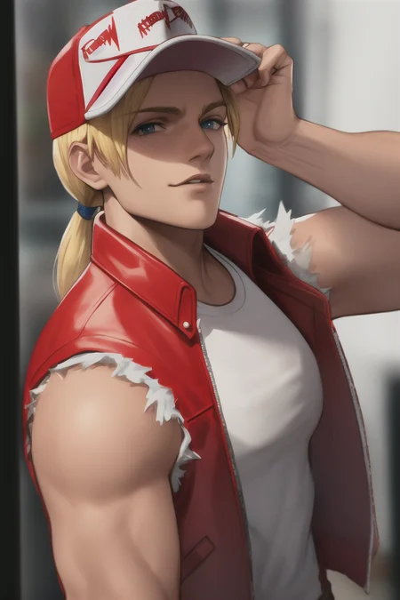 TerryBogard , arcane style, 1guy, solo, letterboxed, blurry background, medium shot portrait, ((masterpiece)) <lora:arcaneStyleLora_v1:0.75> <lora:terryBKOF_1:1> (red trucker cap), (red sleeveless jacket), (white t-shirt), (blonde ponytail)<hypernet:samdoesartsHypernetwork_v422500Steps:0.058>