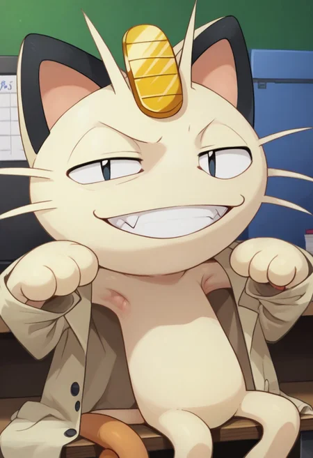 score_9, score_8_up, score_7_up, source_anime, solo, 1boy, sexy boy, zzMeowth, meowth (pokemon), pokemon (creature), femboy, grin, black eyes, smug, straight teeth, portrait, close up, looking at viewer, looking at viewer, sitting in office, sitting behind desk, armpits, crossed hands, serious setting, legs apart, Jedotc, Oversized Trench Coat, trenchcoat, closed trenchcoat, cropped torso, buttons, coat, jacket, shirt