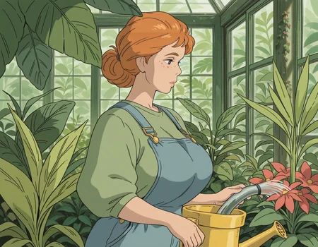 1girl, mature female, large breasts, freckles, curly_orange_hair, overalls, watering_plants, greenhouse_jungle, upper body, solo,
, <lora:GhibliV3:1>, best quality, absurdres, flat colors