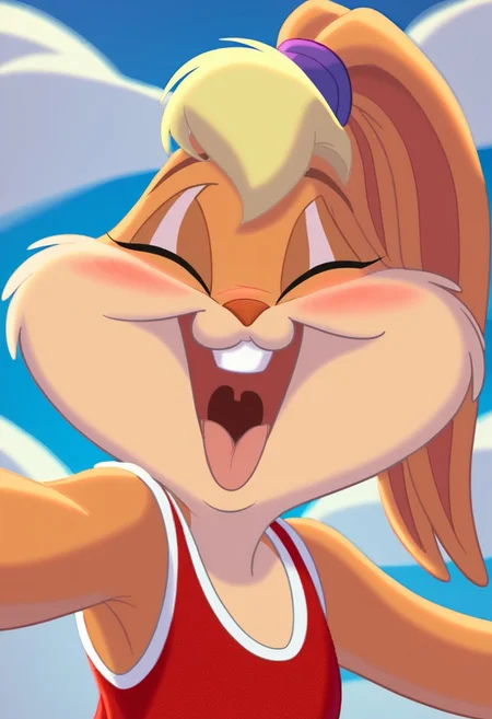 score_7_up, score_8_up, score_9, masterpiece,  high quality,
LolaBunnySJ2, furry, cartoon, anthro rabbit, looney tunes style, female, ((solo)), ((1girl)), 
blond hair, beige body, green eyes, purple hairband,
red basketball jersey,
smiling, laughing, mouth open, blushing, eyes closed,
headshot, head view,
