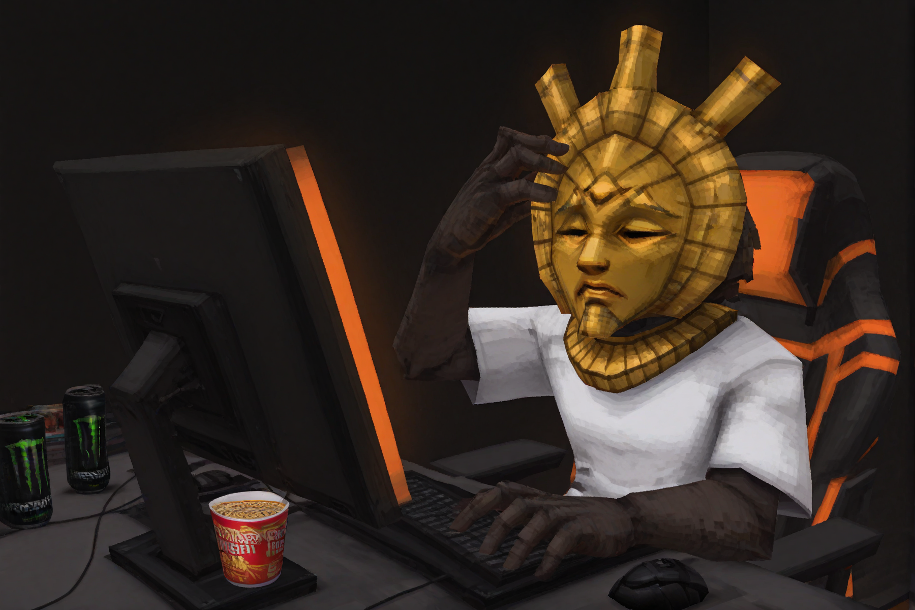 dagothur_tes3, male focus, mask, gorget, gold mask, gold gorget,
sitting at computer, looking at monitor, dark theme, white t-shirt, one hand on head, disgust, light from monitor, orange light from monitor, empty monster energy, empty cup ramen, messy table, old pc, one hand on computer mouse, wince, sitting in gaming chair, gaming pc, lowpoly, ps1, psx, low poly, 3d
<lora:IL_Dagoth_Ur_The_Elder_Scrolls_III_Morrowind:1>  <lora:LowPolyRenderV3:1>
