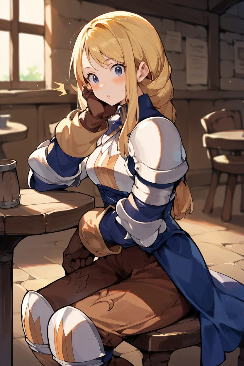 score_9, score_8_up, score_7_up, score_6_up, source_anime, 1girl, solo BREAK  <lora:agrias-pdxl-nvwls-v1-000005:1> agrias, blonde hair, braided ponytail, shoulder armor, armor, corset, brown pants, brown gloves, knee pads, boots, sitting, tavern, looking at you, blush, surprised, table, chair