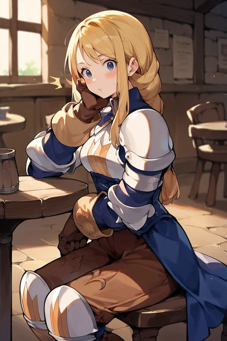 score_9, score_8_up, score_7_up, score_6_up, source_anime, 1girl, solo BREAK  <lora:agrias-pdxl-nvwls-v1-000005:1> agrias, blonde hair, braided ponytail, shoulder armor, armor, corset, brown pants, brown gloves, knee pads, boots, sitting, tavern, looking at you, blush, surprised, table, chair