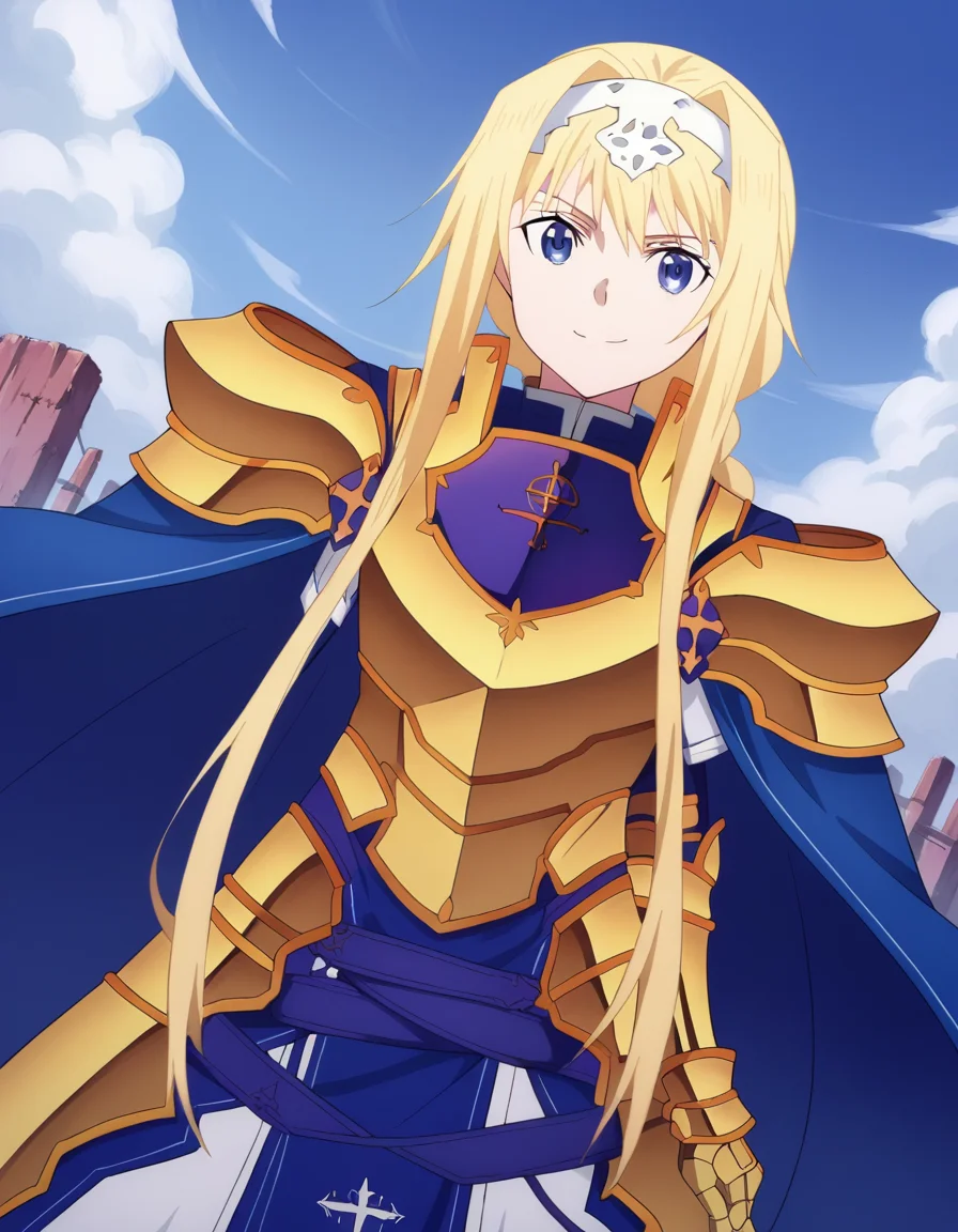 score_9, score_8_up, score_7_up, source_anime,
alicezuberg, <lora:alice-zuberg-s3-ponyxl-lora-nochekaiser:1>,
alice zuberg, bangs, blue eyes, blonde hair, hair between eyes, very long hair, braid, hairband, white hairband,
dress, cape, armor, blue dress, shoulder armor, gauntlets, pauldrons, breastplate, armored dress, faulds, blue cape, knight, gold armor, body armor,
outdoors, wasteland, smile,
solo, looking at viewer, cowboy shot, dutch angle,
