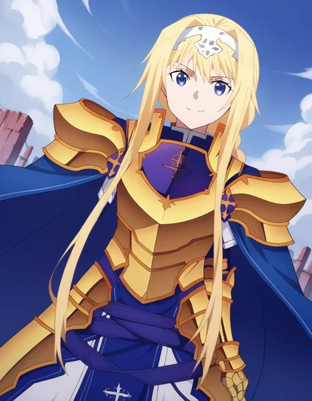 score_9, score_8_up, score_7_up, source_anime,
alicezuberg, <lora:alice-zuberg-s3-ponyxl-lora-nochekaiser:1>,
alice zuberg, bangs, blue eyes, blonde hair, hair between eyes, very long hair, braid, hairband, white hairband,
dress, cape, armor, blue dress, shoulder armor, gauntlets, pauldrons, breastplate, armored dress, faulds, blue cape, knight, gold armor, body armor,
outdoors, wasteland, smile,
solo, looking at viewer, cowboy shot, dutch angle,