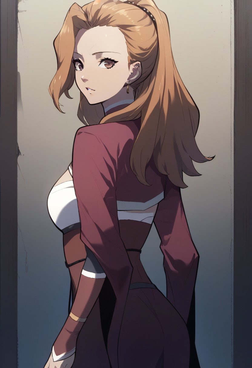 zPDXL3, score_9_up, score_8_up, score_7_up, (Anime_source), 1girl,HeoRanju, brown eyes, brownish hair, long hair, Ranju clothes, looking back, cowboy shot, looking at viewer, parted lips