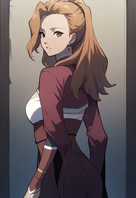 zPDXL3, score_9_up, score_8_up, score_7_up, (Anime_source), 1girl,HeoRanju, brown eyes, brownish hair, long hair, Ranju clothes, looking back, cowboy shot, looking at viewer, parted lips
