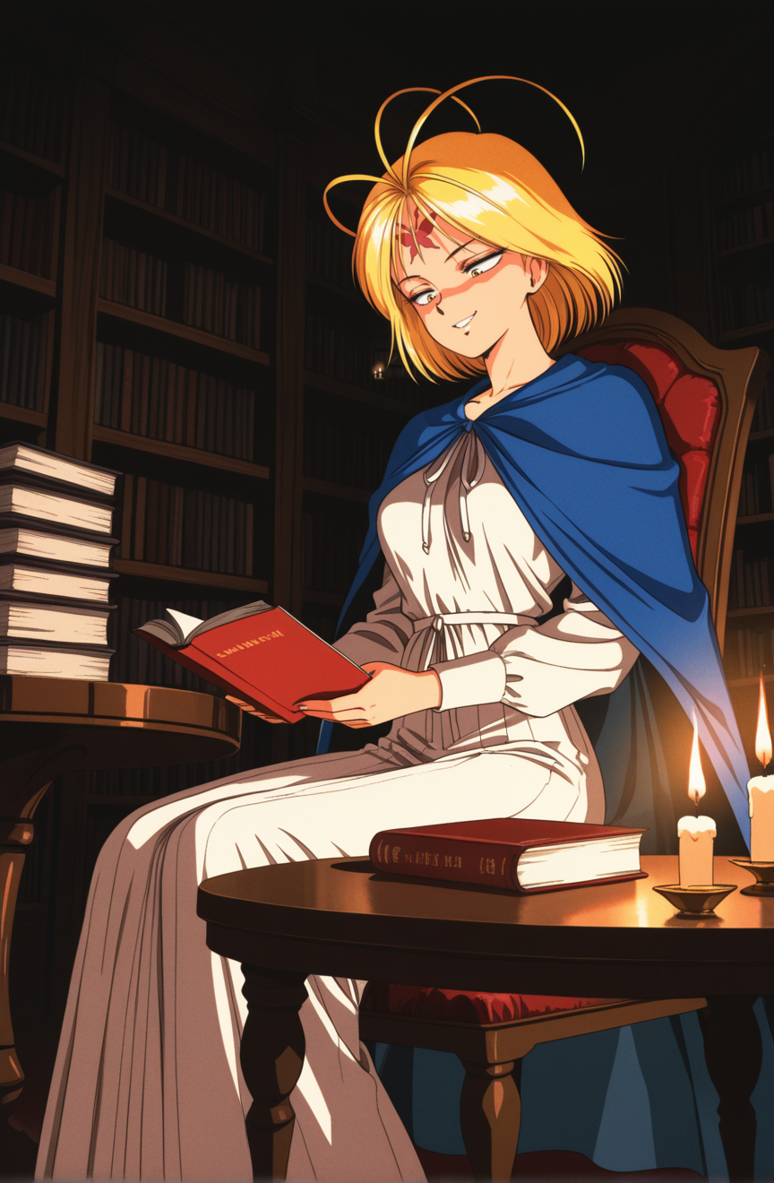 1girl,kznk1sidnpaf1o,retro artstyle,1990s \(style\), solo,sanpaku, constricted pupils,yellow eyes,half-closed eyes   , antenna hair,blonde hair, short hair,red_butterfly_forehead_mark,facial mark,medium breasts,blue cape,long sleeves,long skirt,white dress,indoors,sitting,chair,library,table,candle,dark,lights,book,pov,,smirk ,,reading_book,looking down ,,best quality,masterpiece,sensitive ,  <lora:KazenokishidanPafioNoobAI2:1>