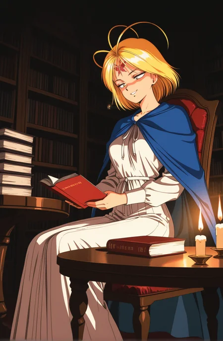 1girl,kznk1sidnpaf1o,retro artstyle,1990s \(style\), solo,sanpaku, constricted pupils,yellow eyes,half-closed eyes , antenna hair,blonde hair, short hair,red_butterfly_forehead_mark,facial mark,medium breasts,blue cape,long sleeves,long skirt,white dress,indoors,sitting,chair,library,table,candle,dark,lights,book,pov,,smirk ,,reading_book,looking down ,,best quality,masterpiece,sensitive , <lora:KazenokishidanPafioNoobAI2:1>