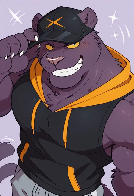 purple background, detail theme, 1boy, solo, anthro panther, sharp teeth, male, white claws, purple fur, muscle, large build, furry, thick arms, black eyes, panther tail, short ears, yellow sclera, BREAK black/orange sleeveless hoodie, two tone color sleeveless hoodie, grey shorts, sports shorts, sporty cap, black cap with a logo on the front, from above, hand on cap, close-up, male focus, upper body, looking at viewer, naughty face, grin
