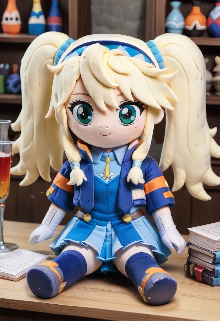 score_9,score_8_up,score_7_up,source_anime,inside medieval tavern,<lora:woafu_plushify_pony:0.8>,plushify,character stuffed toy,chibi,1girl,sitting,light smile,<lora:clarissaarwin-pdxl-nvwls-v1-000005:1> clarissa arwin, blonde hair, hairband, twintails, blue jacket, white gloves, pleated skirt, blue thighhighs