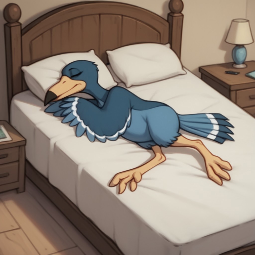 score_9, score_8_up, score_7_up, score_6_up, score_5_up, score_4_up, source_furry, Magpiebbv2, semi-anthro, female, bird, blue feathers, yellow beak, bedroom, lying, on bed, closed eyes, sleeping,