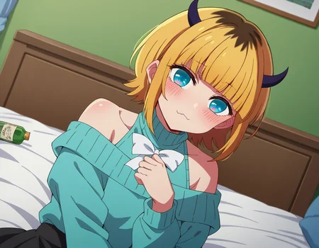 score_9, score_8_up, score_7_up, source_anime,
memcho, <lora:memcho-s1-ponyxl-lora-nochekaiser:1>
memcho, blonde hair, blue eyes, blunt bangs, demon horns, fake horns, horns, short hair,
bare shoulders, black skirt, blue sweater, long sleeves, off shoulder, off-shoulder sweater, puffy sleeves, skirt, sweater, white ribbon,
indoors, bed, bed room, on side, blush, drunk,
looking at viewer, dutch angle, cowboy shot