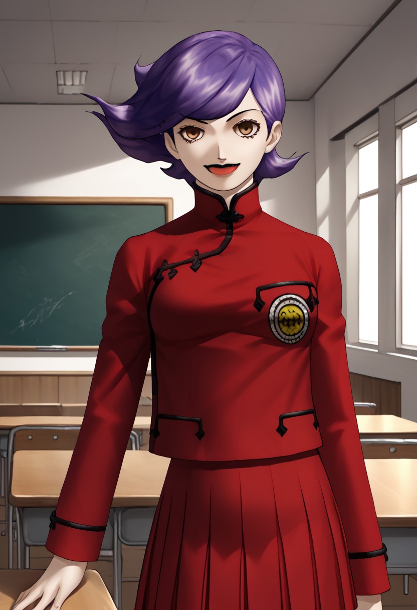score_9,score_8_up,score_7_up,source_anime,5_figner,2d_animation,game cg,BREAK,1girl,sagami_kei,short hair,swept bangs,purple hair,brown eyes,red lips,red school uniform,red skirt,pleated skirt,black pantyhose,long sleeves,
medium breasts,upper body,looking at viewer,smile,front view.standing,
kanekostyle, lipstick, eye shadow, eyelashes
school,class room,desk,chair,blackboard,window, 
masterpiece,best qualit,ultra-detailed,illustration,an extremely delicate and beautiful,beautiful detailed eyes,unity 8k wallpaper,high resolution,anime CG,official_art,