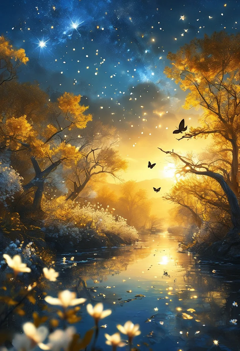 low angel, golden colors,In a surreal golden forest the rising sun glow upon the scene. A beam of light pierces through the dense foliage illuminating a crystal clear babbling brook. Golden butterflies dance among the white blossoms that bloom upon the trees their delicate petals gently swaying in the breeze. In the backgroundi the sky is a deep blue hue dotted with stars. The air is serene and the sound of birds chirping fills the morning air,
vibrant, beautiful, translucent, intricate, detailed,
many details, extreme detailed, full of details,
Wide range of colors., Dramatic,Dynamic,Cinematic,Sharp details
Insane quality. Insane resolution. Insane details. Masterpiece. 32k resolution.
<lora:add-detail-xl:0.9> dvr-lnds-sdxl <lora:MJ52:0.5> <lora:zavy-cntrst-sdxl:0.4> <lora:zavy-rmlght-sdxl:0.4>