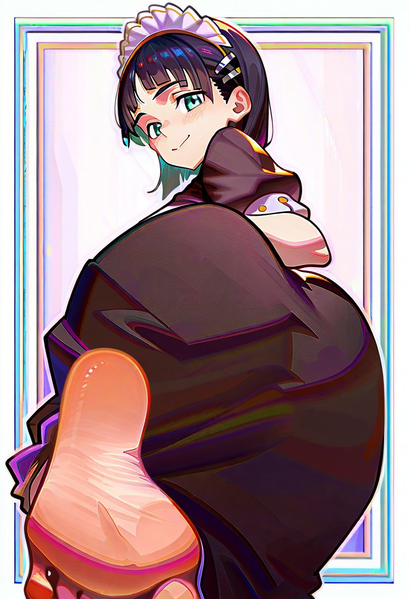 masterpiece,best quality,amazing quality, newest, absurdres, highres, Mevak_PS, two-tone background, Ramme_CL, Ramme, 1girl, kirigaya suguha, barefoot, soles, maid headdress, black hair, feet, toes, short hair, hair ornament, foot focus, smile, looking at viewer, hairclip, black dress, large breasts, bare legs, closed mouth, bangs, blush, puffy sleeves, thighs, frills, standing on one leg, looking back, green eyes, leg up, puffy short sleeves, from behind, foreshortening, shiny hair, maid apron