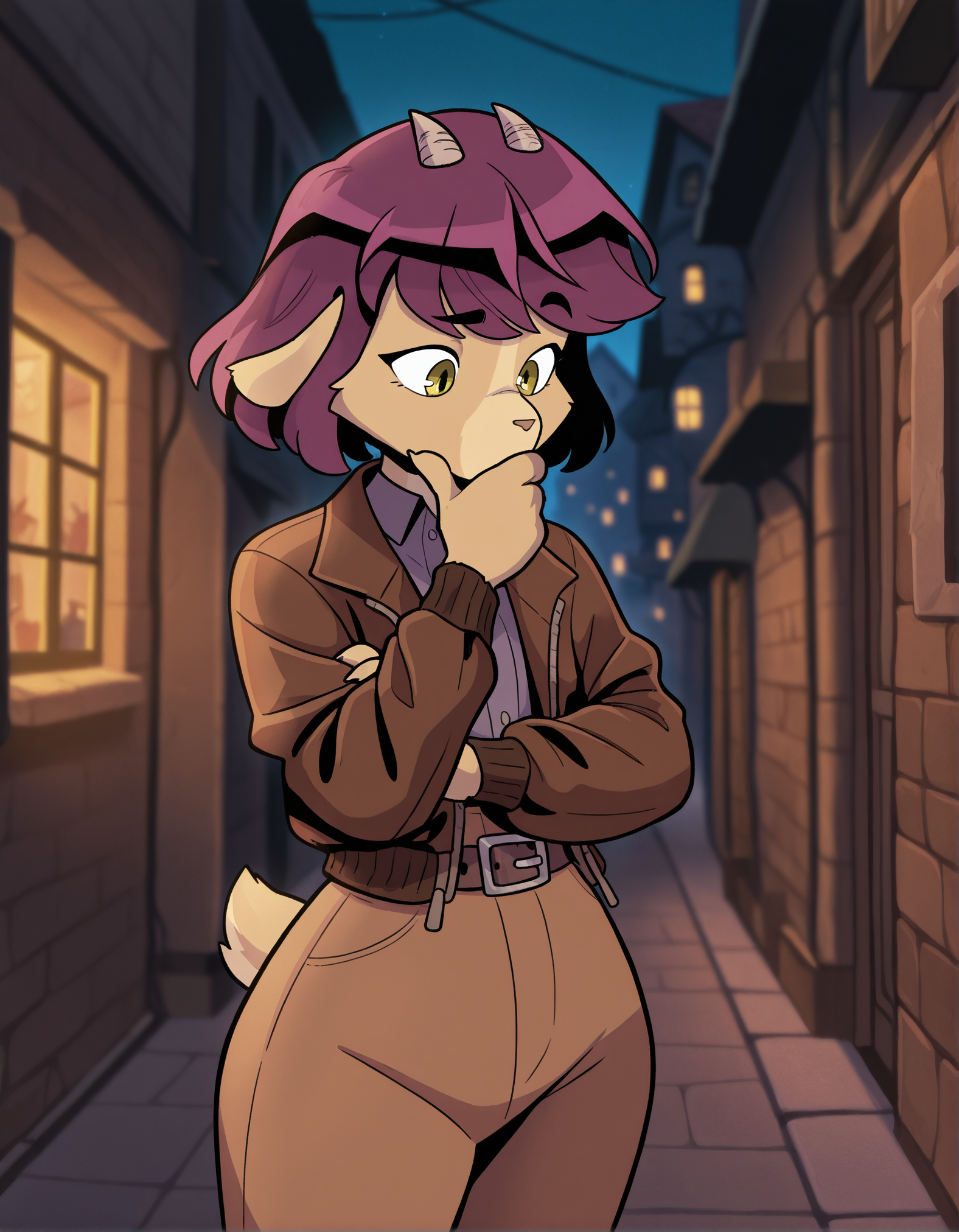 1girl, solo, oytdiana, furry female, goat girl, animal ears, tail, purple hair, green eyes, horns, cowboy shot, thinking, brown jacket, shirt, brown pants, belt, outdoors, town, alley, night, blurry background, highly detailed, official art, masterpiece, best quality, amazing quality, very aesthetic, absurdres