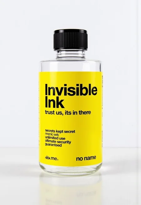 This is a photograph of an empty ink bottle with a plain white background. The bottle label design has a bright yellow background, displaying a minimalist design. The bottle features prominent black bold text "Invisible Ink" with smaller text below that says "trust us, its in there" . Below is a bullet list of features: "Secrets kept secret", "unlimited use," and "Ultimate security guaranteed". The brand name "no name" is printed in the bottom right corner.