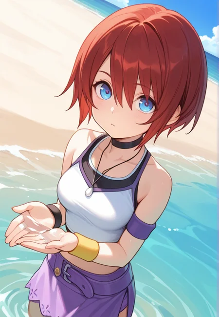 masterpiece, best quality, amazing quality, very aesthetic, absurdres, newest, detailed background, cowboy shot, outdoors, day, secluded beach, palms, sky, dynamic angle, perfect eyes, beautiful eyes,
kairikh, 1girl, blue eyes, solo, red hair, skirt, short hair, jewelry, necklace, water, wading, wristband, looking at viewer, purple skirt, holding, hair between eyes, white shirt, crop top, black choker, bare shoulders, collarbone, sleeveless, purple skirt, mini skirt, medium breasts
<lora:Kairi_-_Kingdom_Hearts_1-2_Illustrious:1>