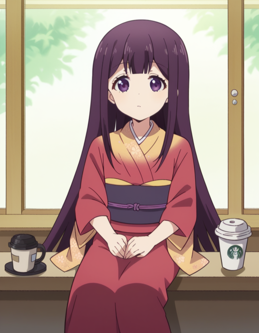 score_9, score_8_up, score_7_up, source_anime, <lora:aika-sakuranomiya-s1-ponyxl-lora-nochekaiser:1>, aika sakuranomiya, long hair, bangs, purple hair, purple eyes, blunt bangs,, japanese clothes, kimono, sash, obi, red kimono,, cafe, coffee cup, barista, sitting down, talking, relaxing, sunlight through window, , looking at viewer, hand on waist, elbow down, foot on tiptoe, solo,, cowboy shot, dutch angle