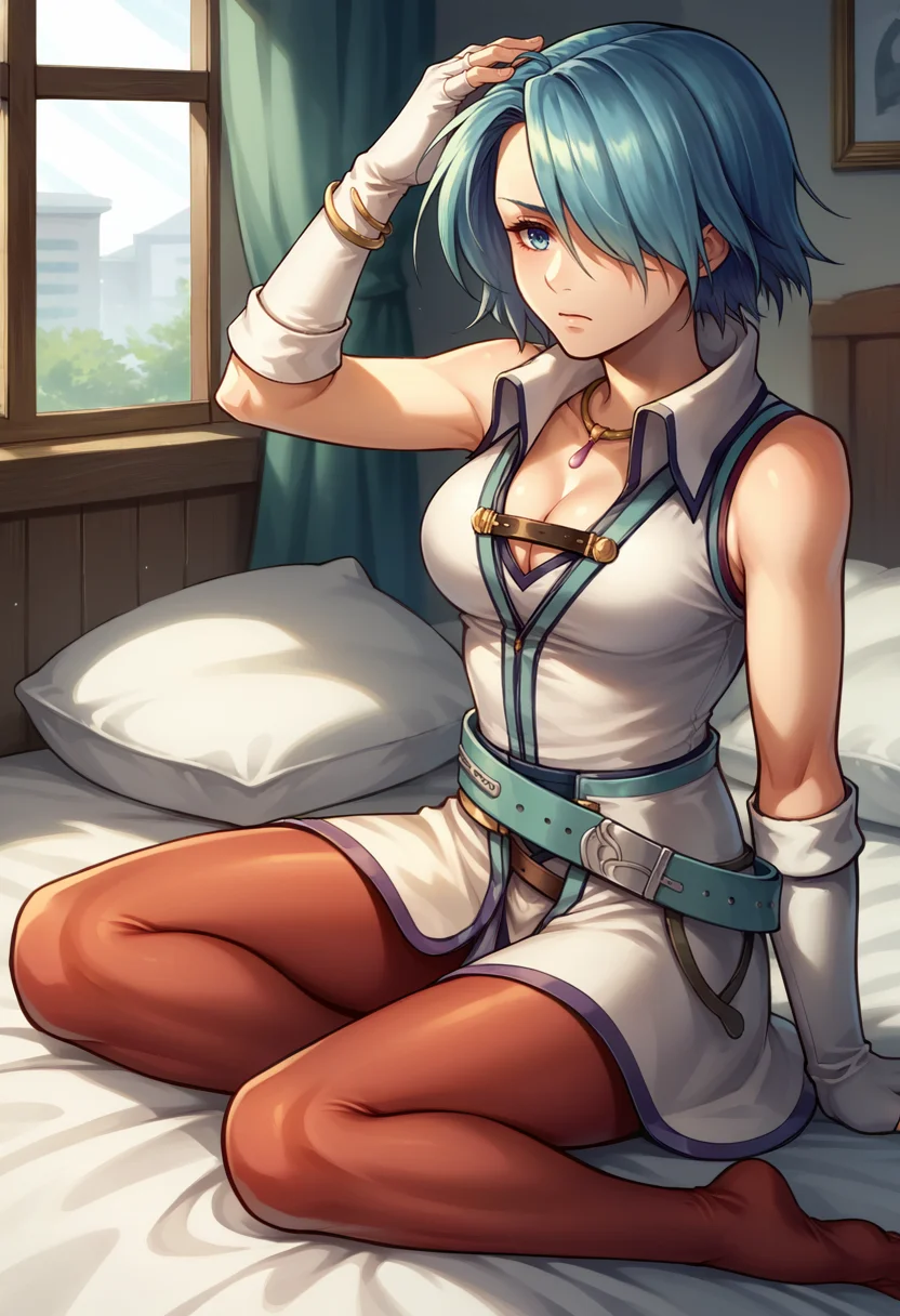 score_9, score_8_up, score_7_up, source_anime, BREAK 1girl, sitting, sleepy, looking to the side, hand on own head, <lora:LuciaFE-pdxl:1> dawnLucia, short hair, messy hair, hair over one eye, white jacket, sleeveless, cleavage, necklace, white elbow gloves, fingerless gloves, bangle, belt, red pantyhose, no shoes, indoors, bed, window