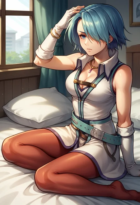 score_9, score_8_up, score_7_up, source_anime, BREAK 1girl, sitting, sleepy, looking to the side, hand on own head, <lora:LuciaFE-pdxl:1> dawnLucia, short hair, messy hair, hair over one eye, white jacket, sleeveless, cleavage, necklace, white elbow gloves, fingerless gloves, bangle, belt, red pantyhose, no shoes, indoors, bed, window