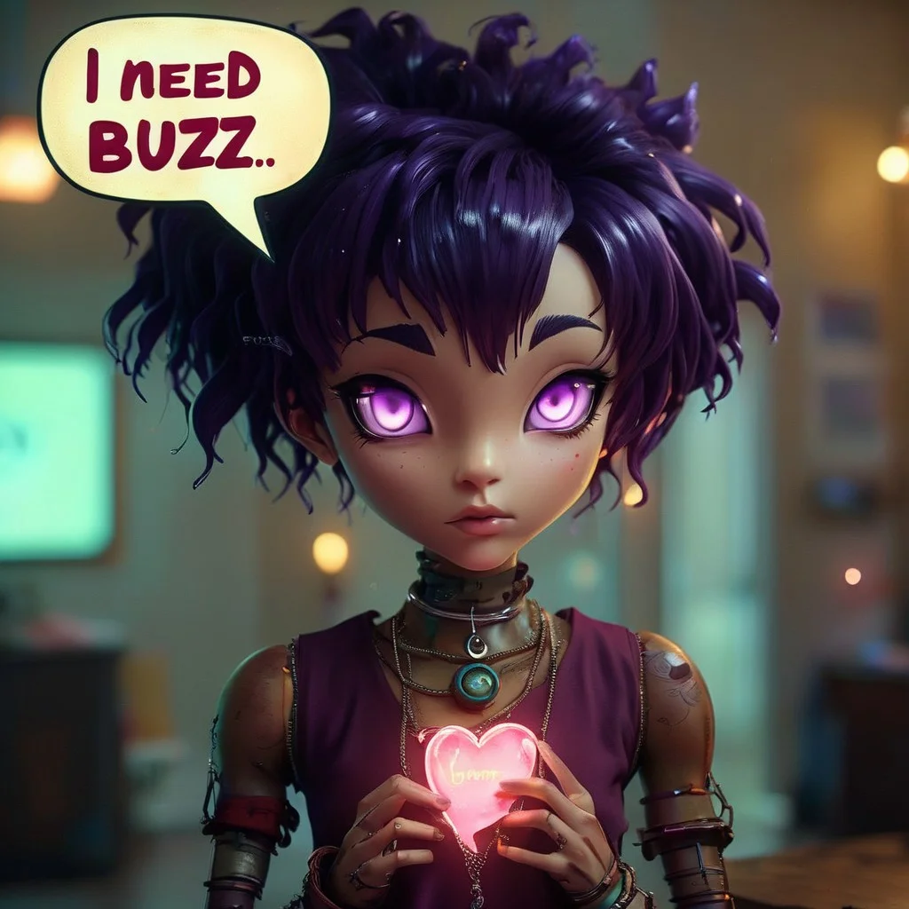 photorealistic image, a portrait of a ciborg girl with a necklace, purpple eyes and hair, speech bubble text "I need buzz, please", detailed, 35mm photography,depth of field,,sweet room home,background,bokeh,alienworld,heart shaped hands,Valentine's Day heart