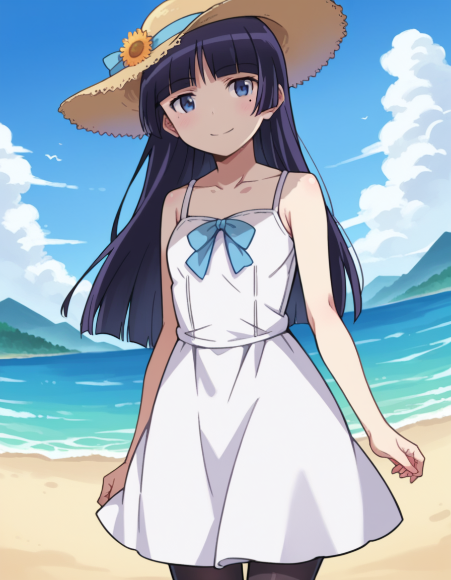 score_9, score_8_up, score_7_up, source_anime,
rurigokou, <lora:ruri-gokou-s2-ponyxl-lora-nochekaiser:1>,
ruri gokou, long hair, black hair, dress, pantyhose, mole, mole under eye, hime cut,
blue eyes, hat, dress, white dress, sun hat, sundress,
outdoors, landscape, sun, ocean, smile,
looking at viewer, cowboy shot, dutch angle,