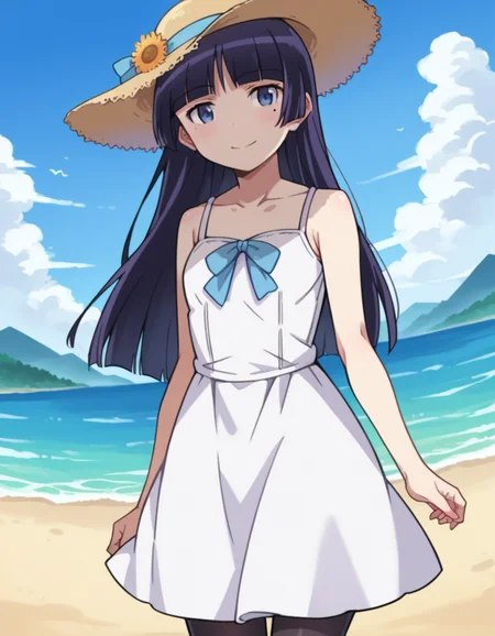 score_9, score_8_up, score_7_up, source_anime,
rurigokou, <lora:ruri-gokou-s2-ponyxl-lora-nochekaiser:1>,
ruri gokou, long hair, black hair, dress, pantyhose, mole, mole under eye, hime cut,
blue eyes, hat, dress, white dress, sun hat, sundress,
outdoors, landscape, sun, ocean, smile,
looking at viewer, cowboy shot, dutch angle,