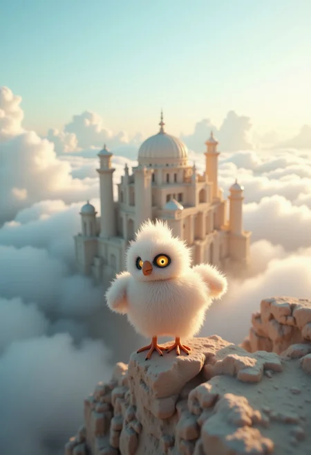 A cute big fluffy bird-like creature with (big eyes) and a (cute owl face) in the air in front of an ancient Greek mythological city in the clouds. The creature has little dinosaur arms. a dream world shifting landscapes, and ethereal creatures, Captured with a Hasselblad X2D 100C and an 80mm f/1.9 lens, hyper-realistic textures, soft studio lighting, elegant shadows, incredible realism, creamy bokeh, ultra-detailed textures, perfect lighting, 4k