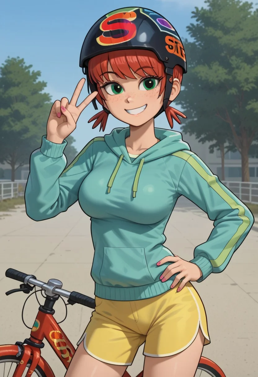 ((room background)),score_9, score_8_up, score_7_up,score_6_up,
1girl, solo, Scarlett_KB, light skin, freckles, green eyes, dark lilac eyeshadow, red hair, short hair, front fringe, two small low pigtails, turquoise sleeveless hoodie, light lime-green long sleeve t-shirt, pastel-yellow skinny shorts, black fingerless glove, white long socks, dark lilac sneakers, black bicycle helmet with design, cute, tall stature, social smile, perfect eyes, perfect smile, looking at the viewer, detailed eyes, perfect eyes, standing, big breasts (front pose, front view, cowboy shot) five fingers, perfect hands, (hand on hip, hand up, peace sign)