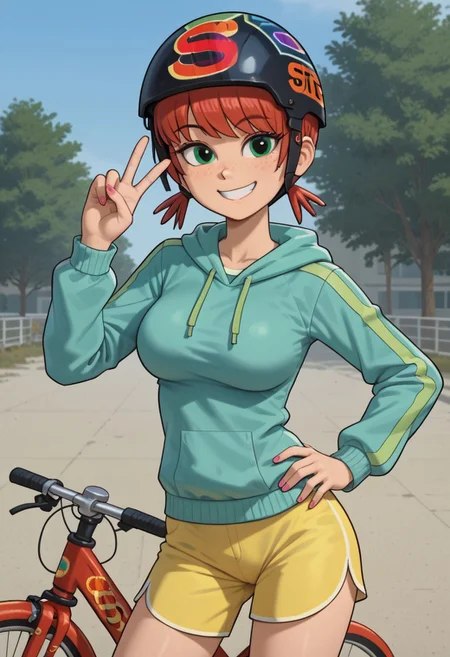 ((room background)),score_9, score_8_up, score_7_up,score_6_up,
1girl, solo, Scarlett_KB, light skin, freckles, green eyes, dark lilac eyeshadow, red hair, short hair, front fringe, two small low pigtails, turquoise sleeveless hoodie, light lime-green long sleeve t-shirt, pastel-yellow skinny shorts, black fingerless glove, white long socks, dark lilac sneakers, black bicycle helmet with design, cute, tall stature, social smile, perfect eyes, perfect smile, looking at the viewer, detailed eyes, perfect eyes, standing, big breasts (front pose, front view, cowboy shot) five fingers, perfect hands, (hand on hip, hand up, peace sign)