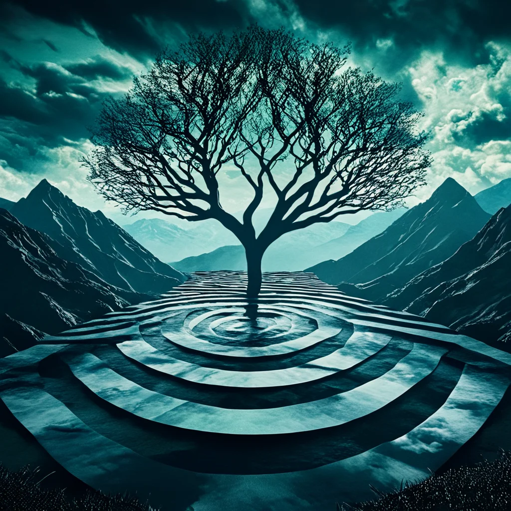 <lora:Geometric_Dreamlike_Movie_r1:1> tree, solo, cloud, sky, outdoors, bare tree, scenery, standing, cloudy sky, silhouette, ArsMovieStill, A dreamlike movie still, The image is a digital art piece that appears to be a surreal landscape with a large tree in the center. The tree is bare and has no leaves with no branches or leaves. It is standing on a circular pathway that leads to the top of the tree. The pathway is made up of multiple concentric circles that are arranged in a zigzag pattern. The circles are black and white creating a sense of depth and dimension. In the background there are mountains and a cloudy sky. The overall mood of the image is dark and mysterious with a hint of blue and green tones. The image conveys a feeling of loneliness and isolation.